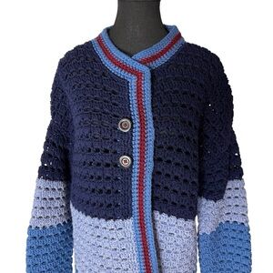 Crochet Knit Cardigan Sweater Handmade Artisan Blue Red Size Large / XL